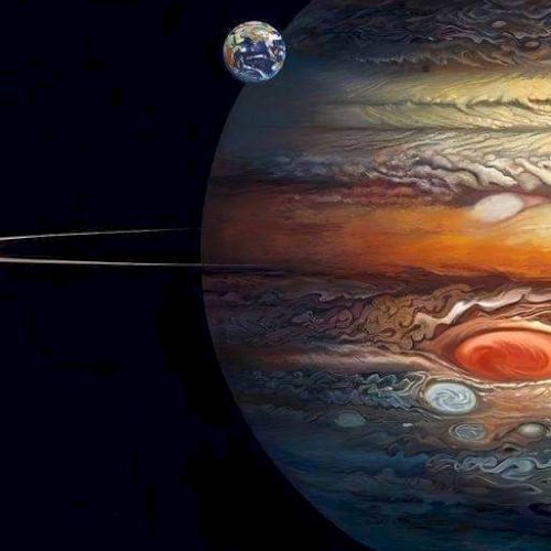 A view of Jupiter-like gas giant in space, with swirling clouds and a small Earth-like planet hovering above it, in vivid colors.