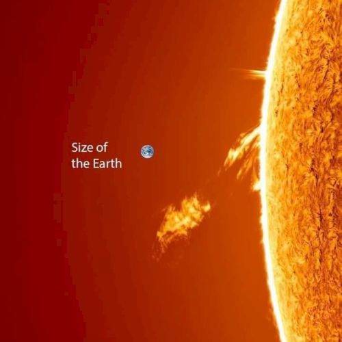 An image comparing Earth (tiny blue dot) against the Sun&rsquo;s bright outer edge, labeled &ldquo;Size of the Earth.&rdquo;.