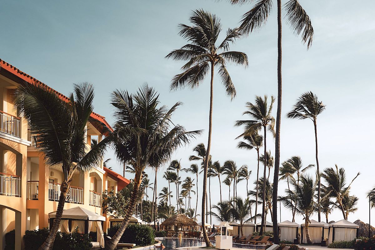 Tropical resort pool with tall palm trees, sun loungers, and cabanas under a bright blue sky.